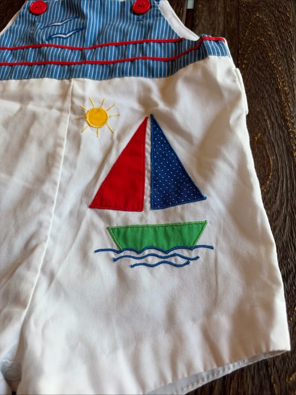 Sail Boat Boys Romper Shortall Overall Vintage 90s Blue Pinstripe Nautical 18 Mo
